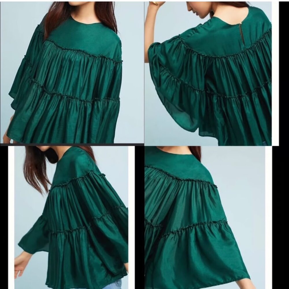 Ne Quittez Pas for Anthropologie emerald green tiered oversize silk blouse small